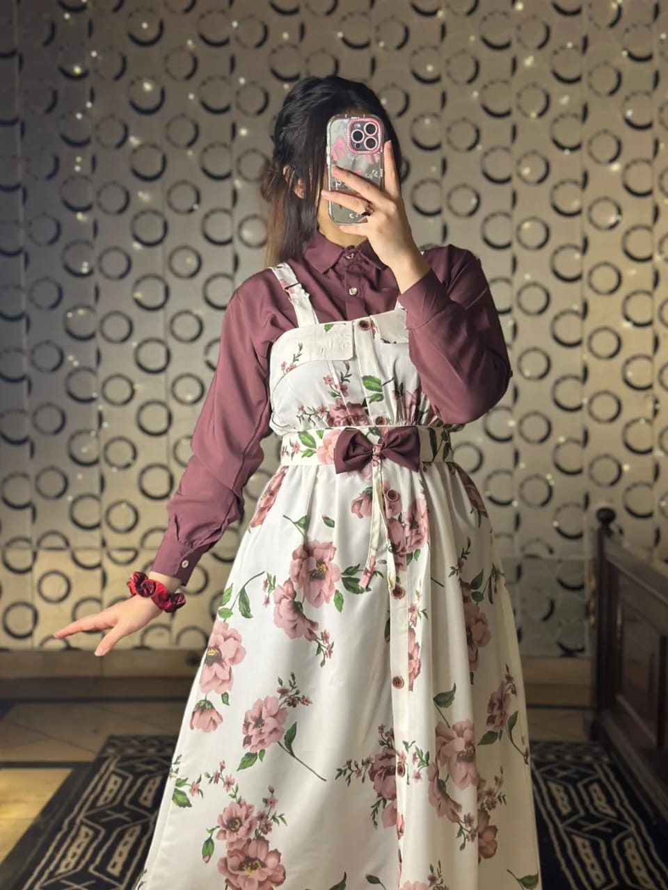 Floral Elegance Layered Midi Dress – White & Maroon