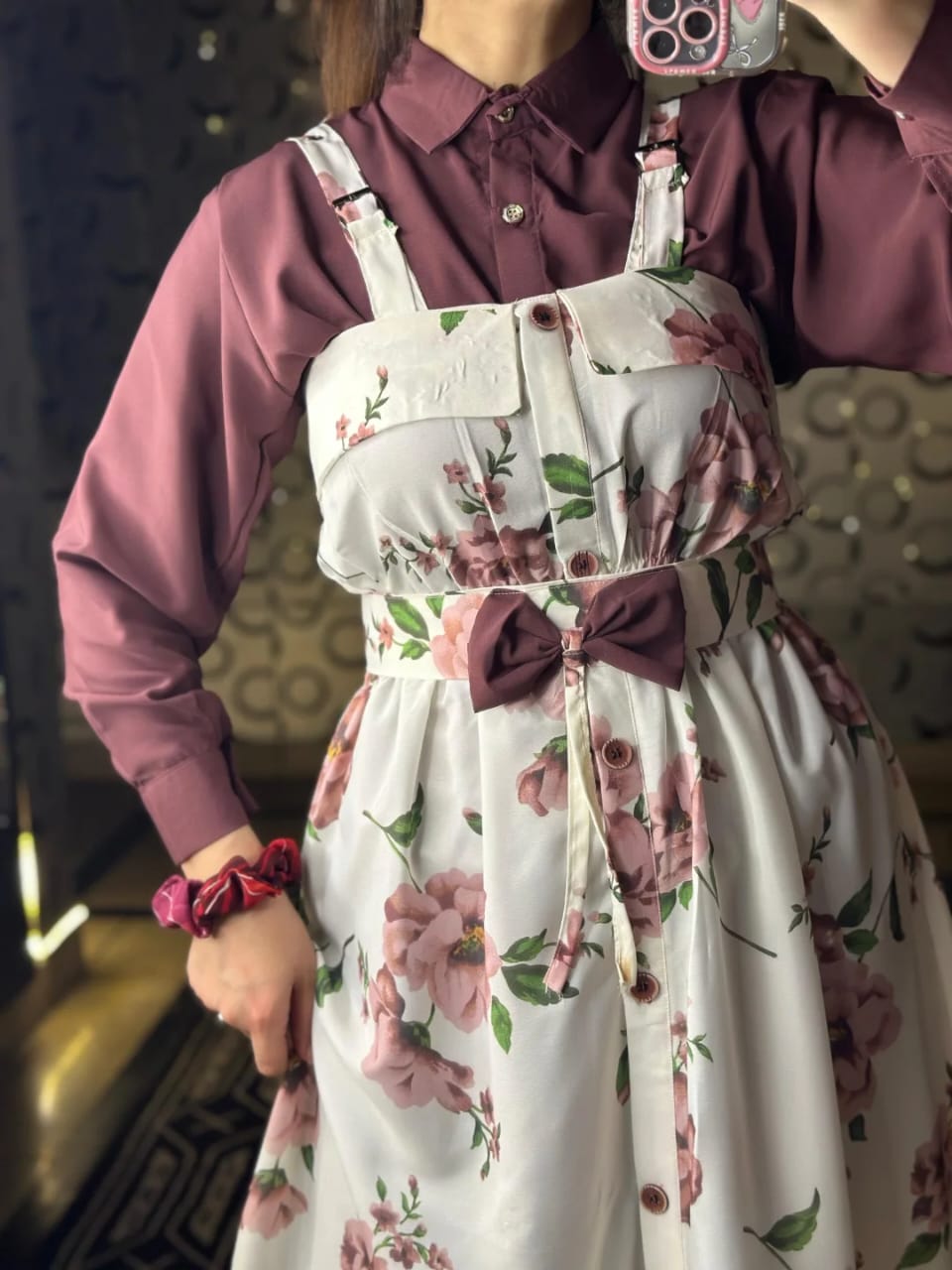 Floral Elegance Layered Midi Dress – White & Maroon