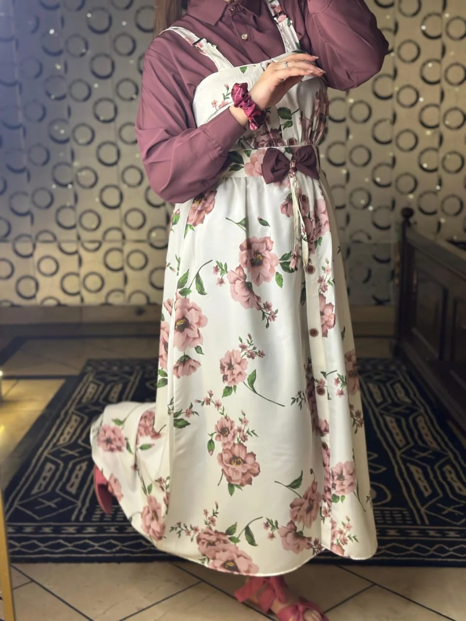 Floral Elegance Layered Midi Dress – White & Maroon