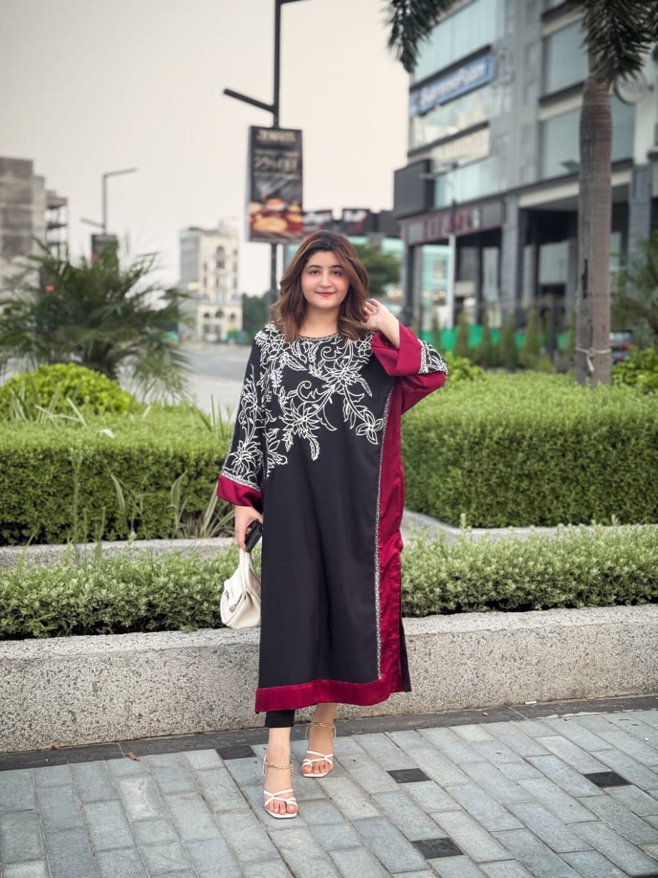 Black & Maroon Floral Printed long two piece