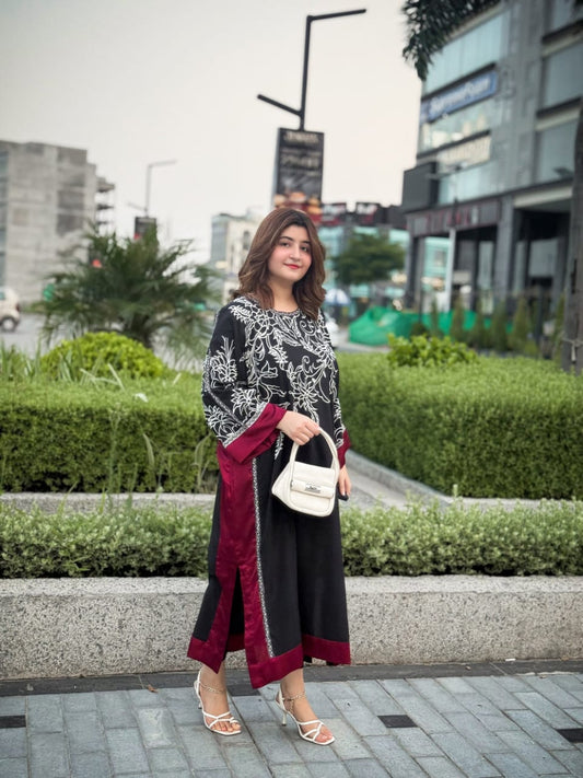 Black & Maroon Floral Printed long two piece