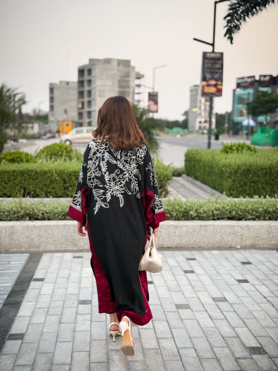 Black & Maroon Floral Printed long two piece