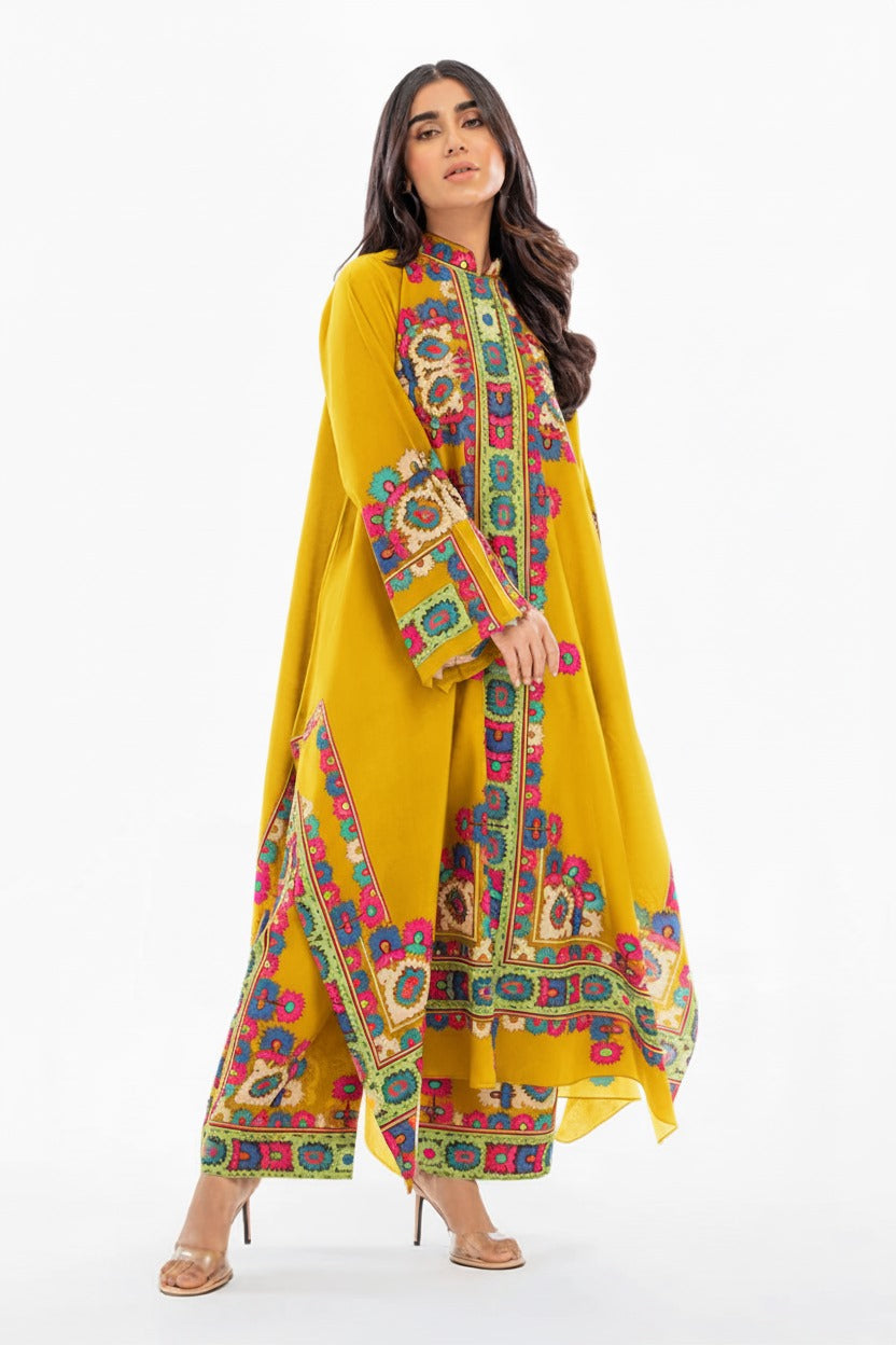 Vibrant Motif Print Tunic and Trouser Set | Digital Print A-Line Suit - Black & Mustard