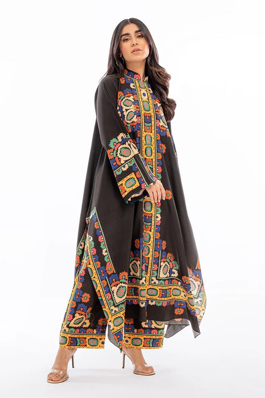 Vibrant Motif Print Tunic and Trouser Set | Digital Print A-Line Suit - Black & Mustard