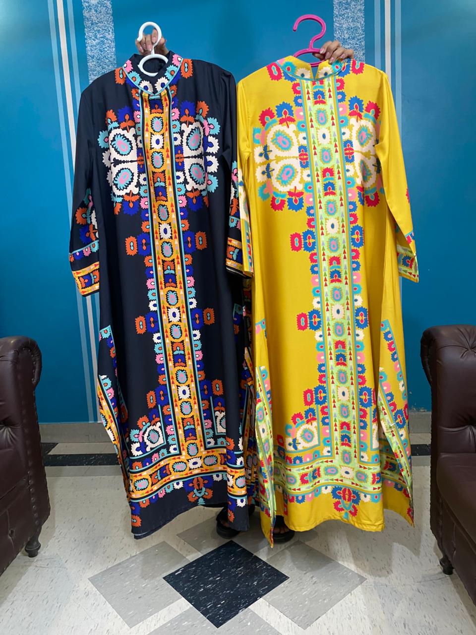 Vibrant Motif Print Tunic and Trouser Set | Digital Print A-Line Suit - Black & Mustard