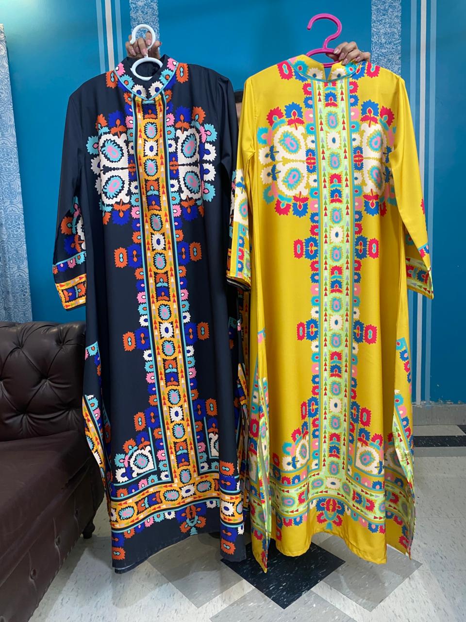 Vibrant Motif Print Tunic and Trouser Set | Digital Print A-Line Suit - Black & Mustard