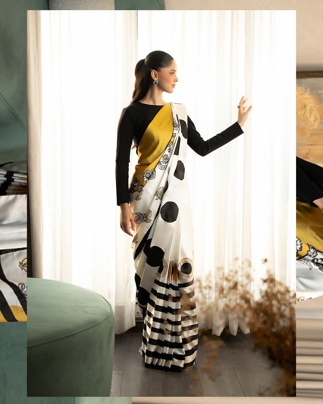 A Statement Saree in Black, White & Gold