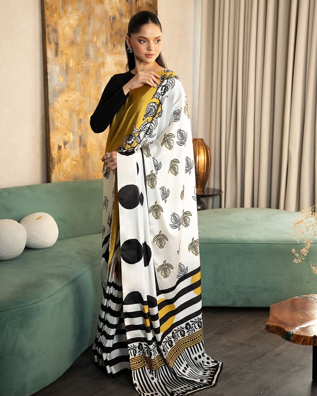 A Statement Saree in Black, White & Gold