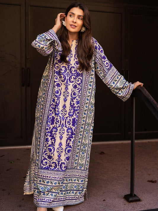 Azure Grace – Timeless Blue Printed Kaftan Long Shirt with Trouser