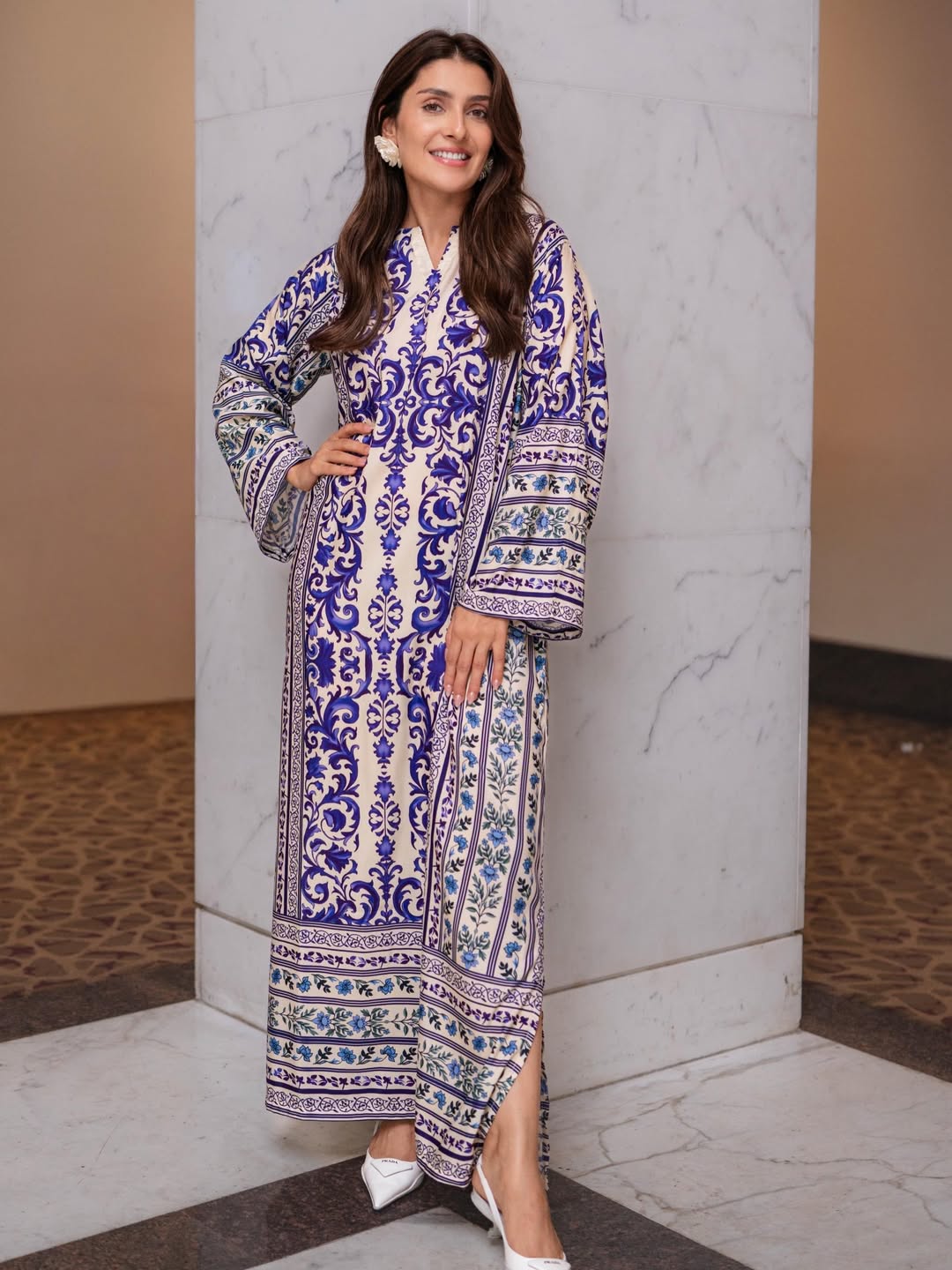 Azure Grace – Timeless Blue Printed Kaftan Long Shirt with Trouser