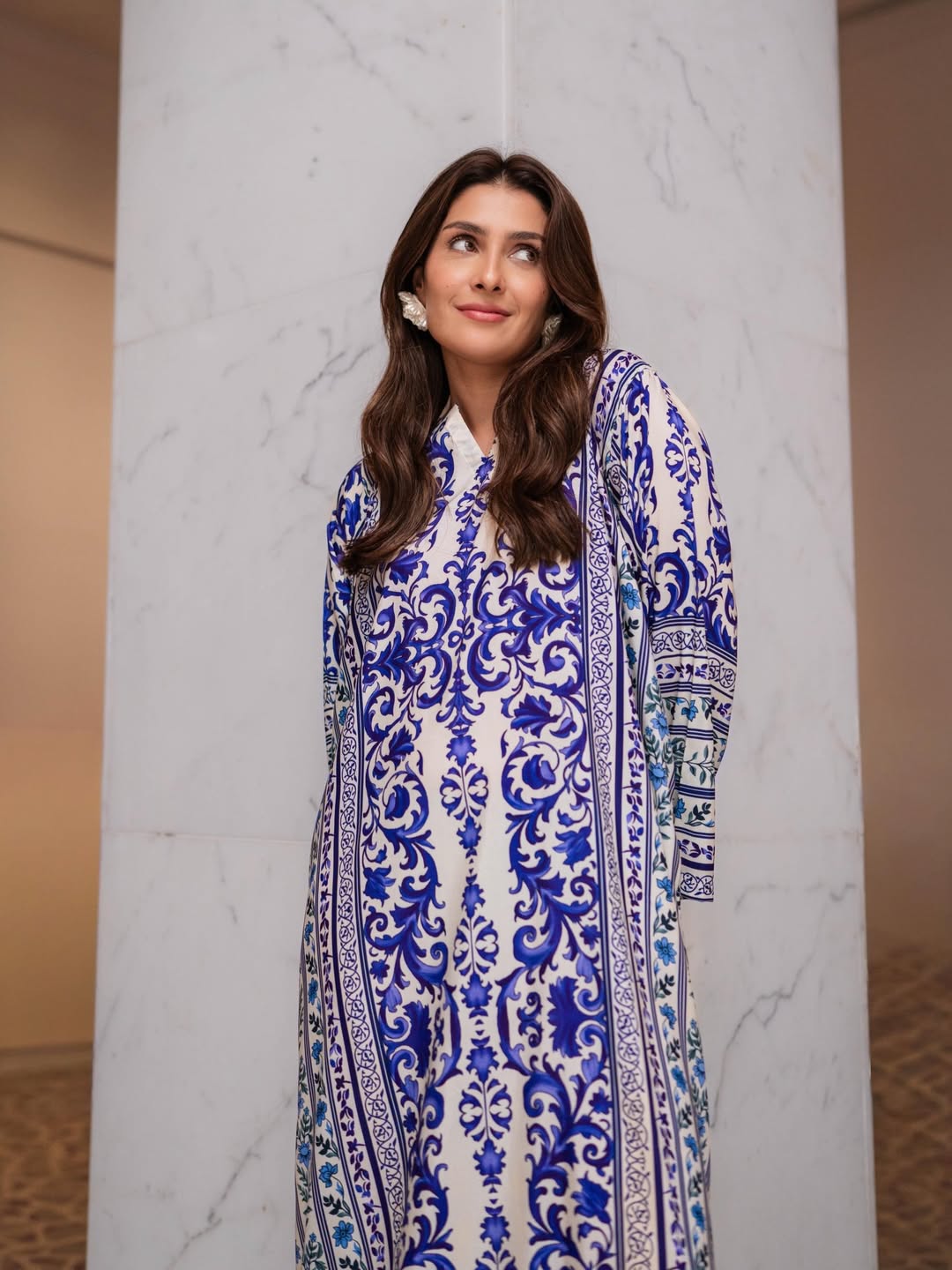 Azure Grace – Timeless Blue Printed Kaftan Long Shirt with Trouser