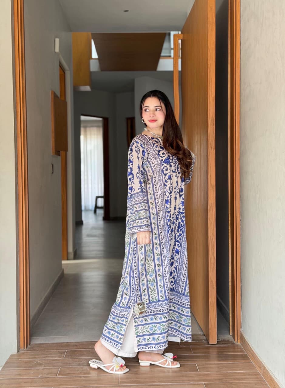 Azure Grace – Timeless Blue Printed Kaftan Long Shirt with Trouser