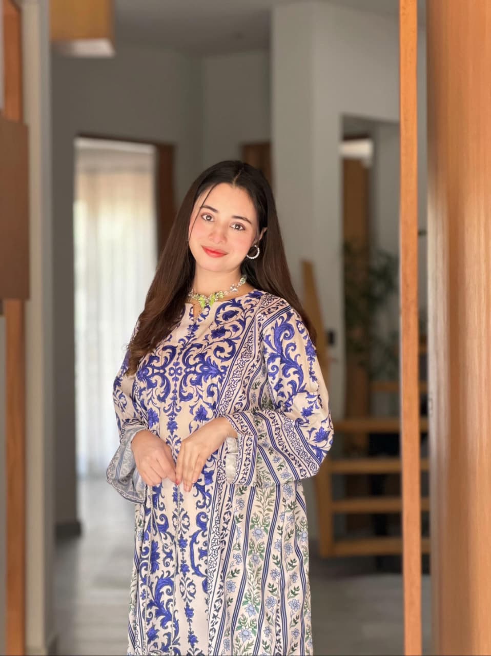 Azure Grace – Timeless Blue Printed Kaftan Long Shirt with Trouser