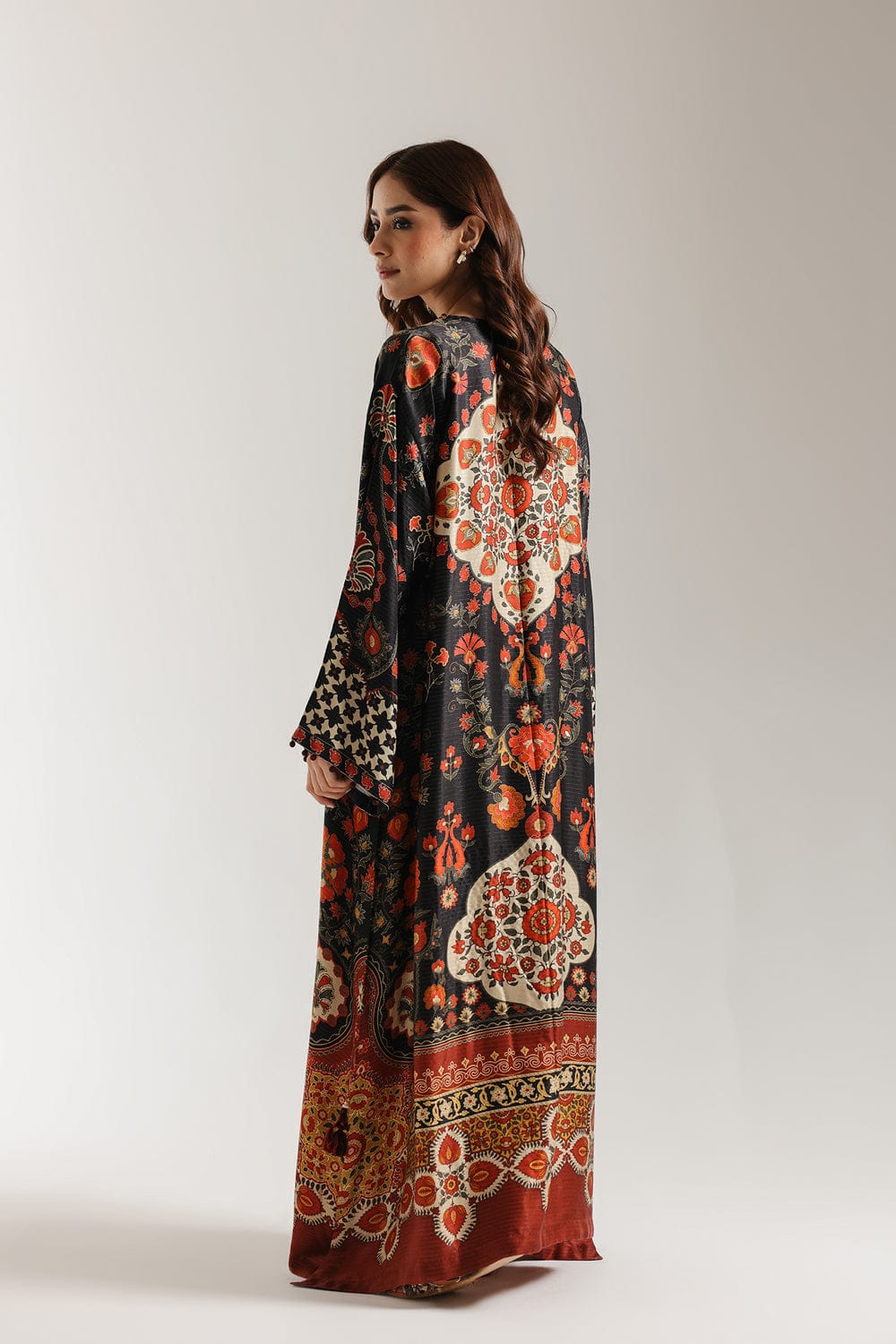 Midnight Rust Ornate Crepe Kaftan – Long Sleeve Printed two piece Dress