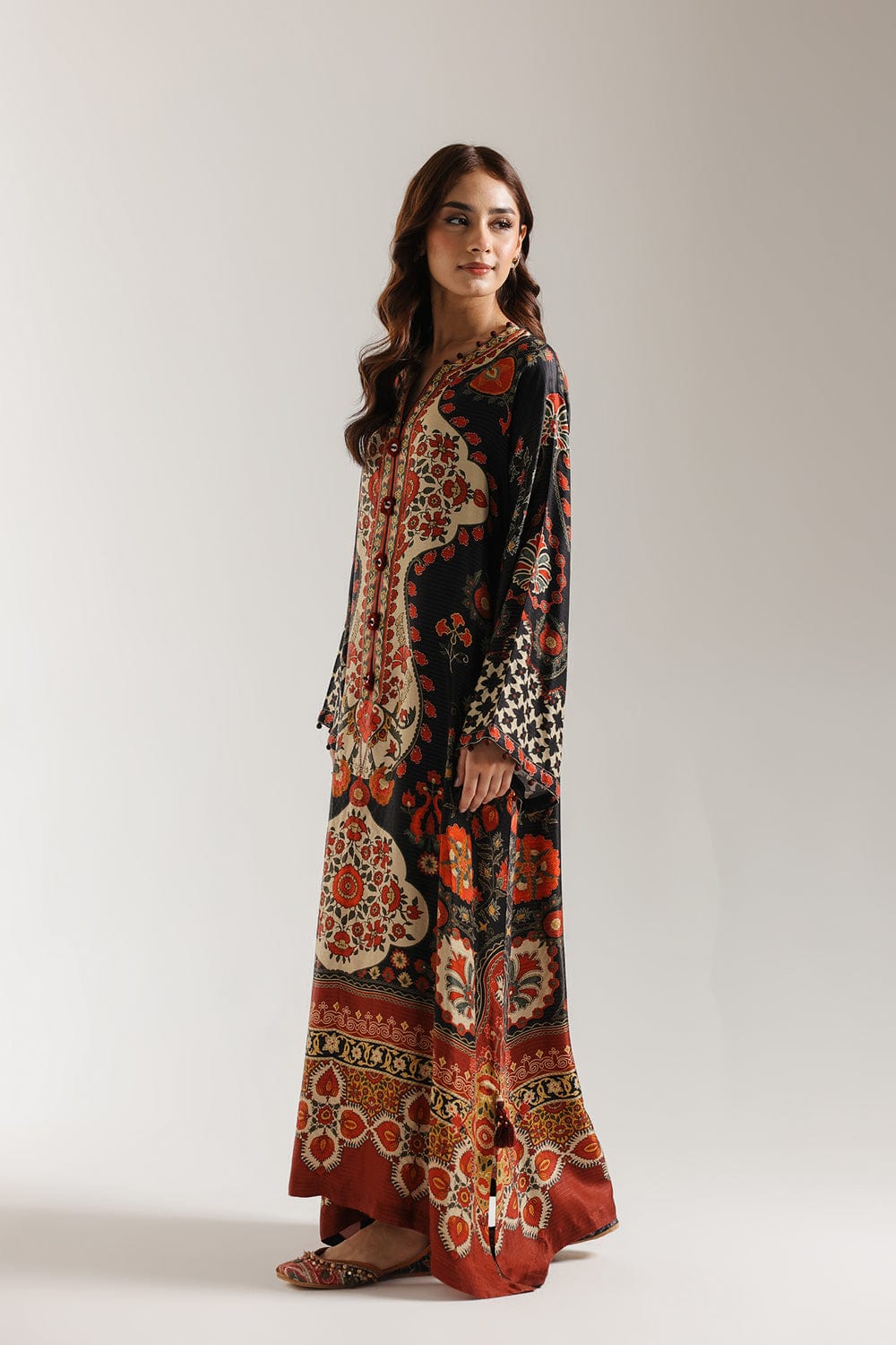 Midnight Rust Ornate Crepe Kaftan – Long Sleeve Printed two piece Dress