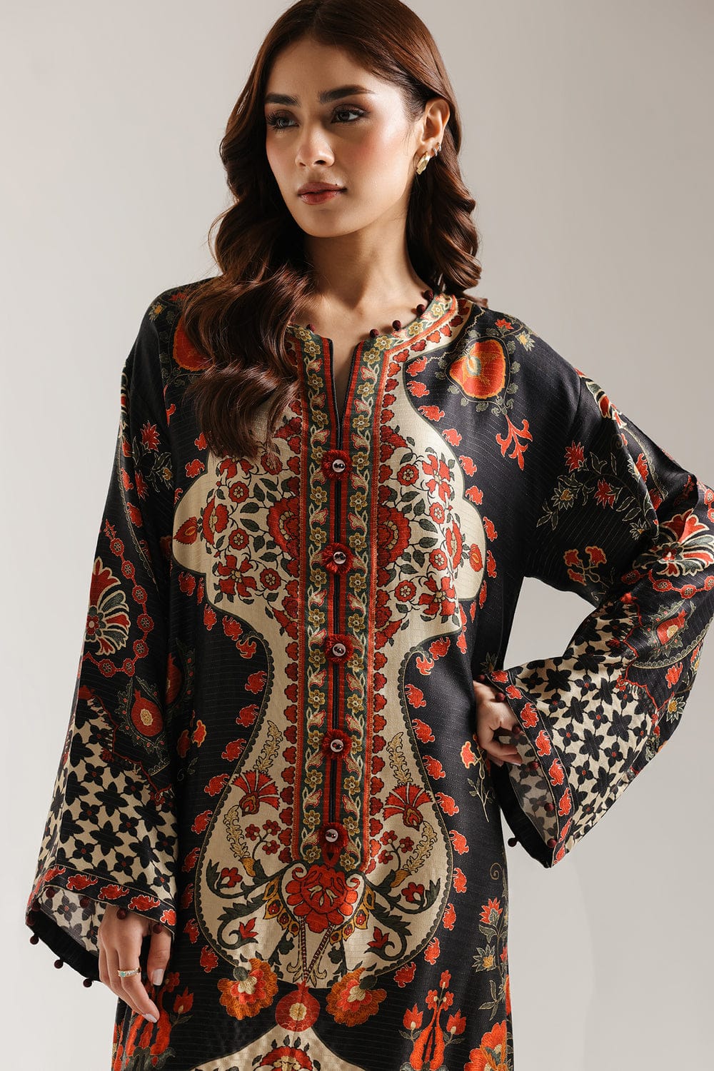 Midnight Rust Ornate Crepe Kaftan – Long Sleeve Printed two piece Dress