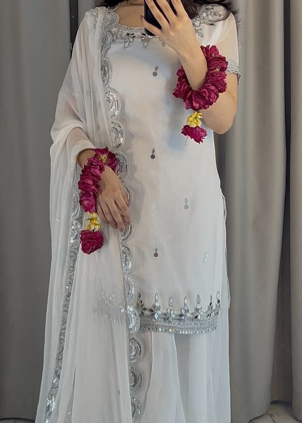 White Mirror Embroidered Gharara Dress – Elegant Festive Wear