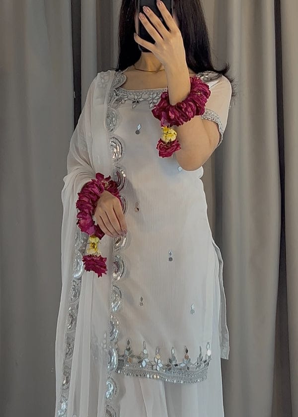 White Mirror Embroidered Gharara Dress – Elegant Festive Wear