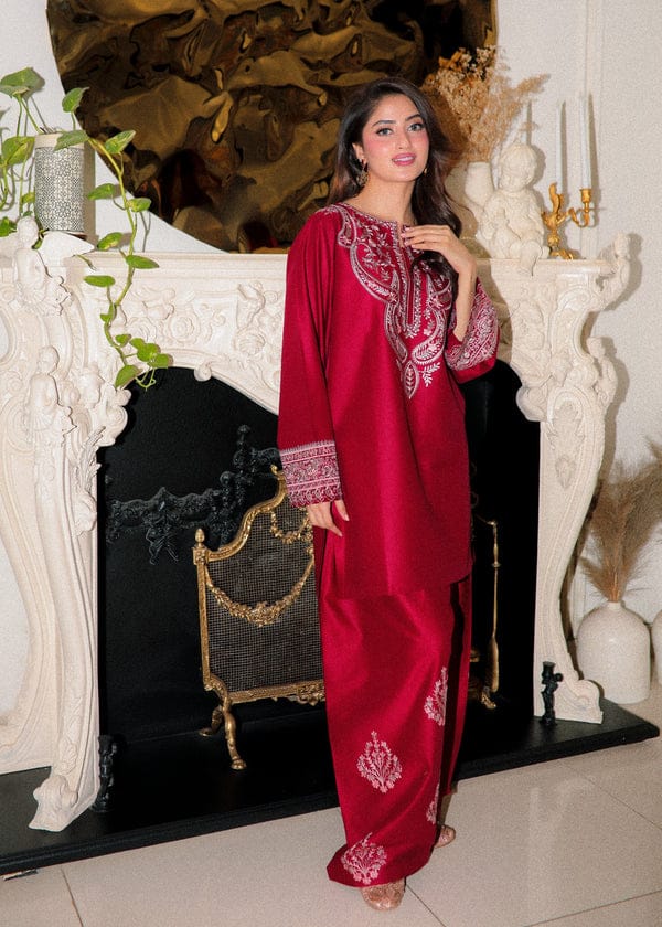 Ruby Radiance – Luxury Embroidered Two-Piece Festive Ensemble