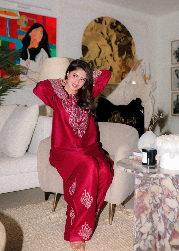 Ruby Radiance – Luxury Embroidered Two-Piece Festive Ensemble