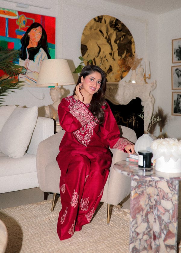 Ruby Radiance – Luxury Embroidered Two-Piece Festive Ensemble