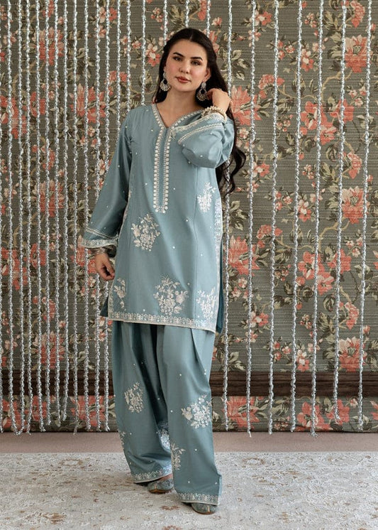 Ethereal Slate – Embroidered Shirt with Farshi Shalwar Set