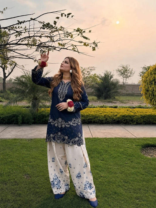 Midnight Blossom — Embroidered Cutwork Shirt & Farshi Shalwar Set