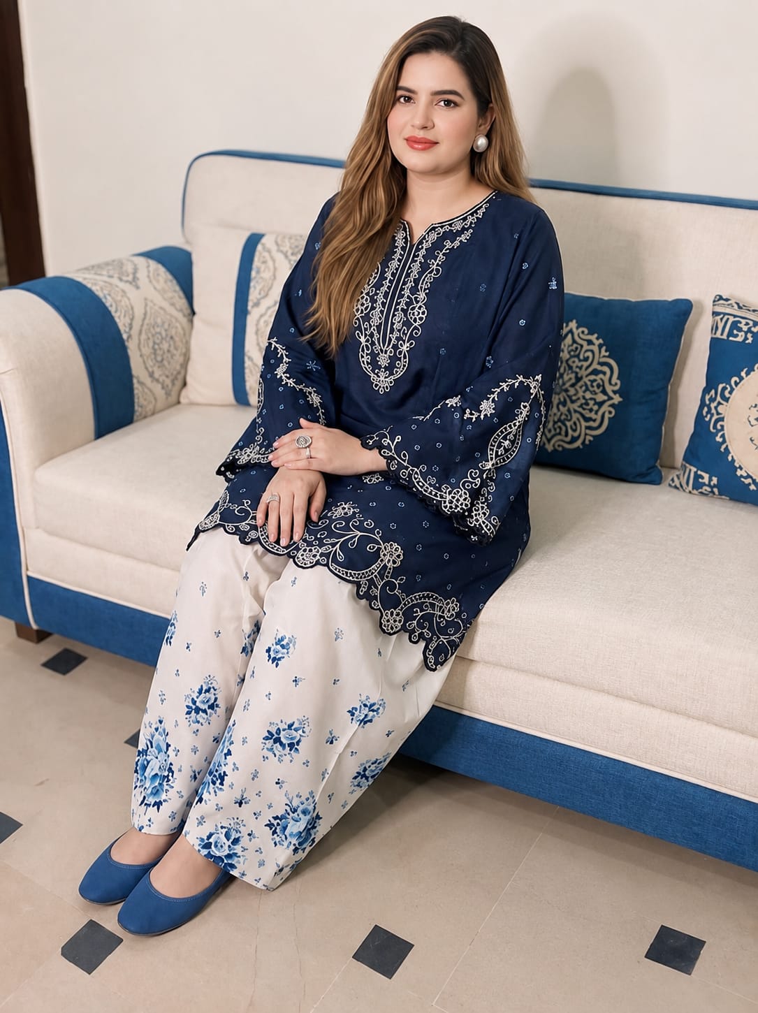 Midnight Blossom — Embroidered Cutwork Shirt & Farshi Shalwar Set