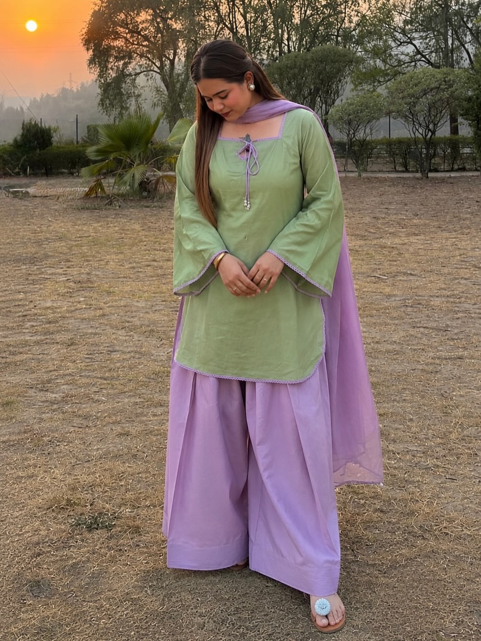 Sage Green & Lavender 3-Piece Cotton Shalwar Kameez Set