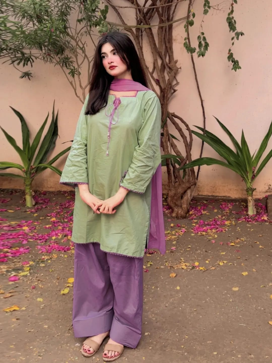 Sage Green & Lavender 3-Piece Cotton Shalwar Kameez Set