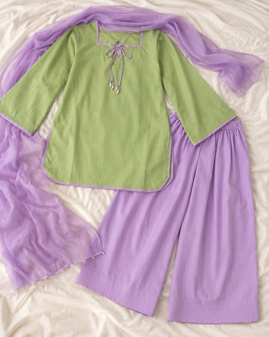 Sage Green & Lavender 3-Piece Cotton Shalwar Kameez Set