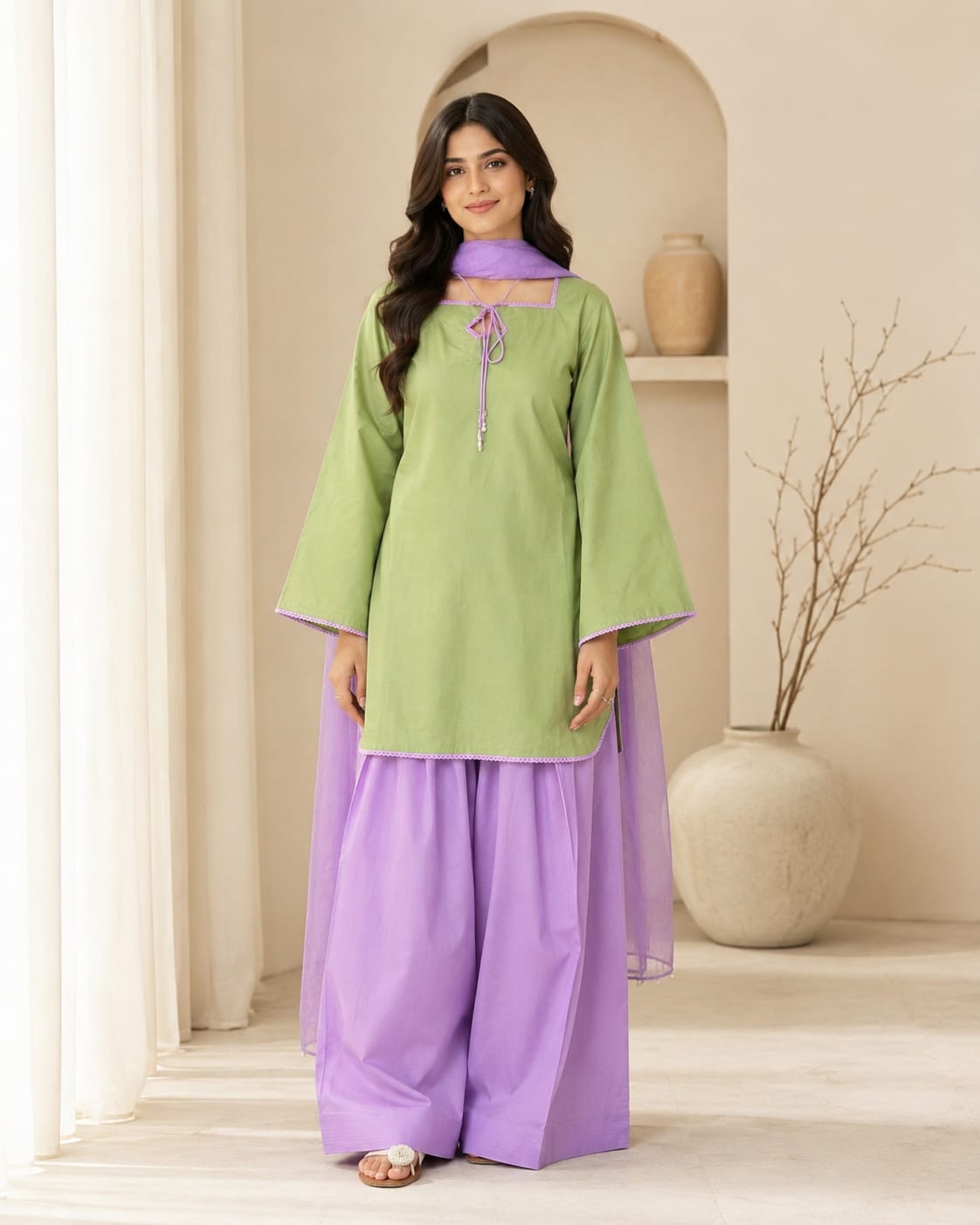 Sage Green & Lavender 3-Piece Cotton Shalwar Kameez Set