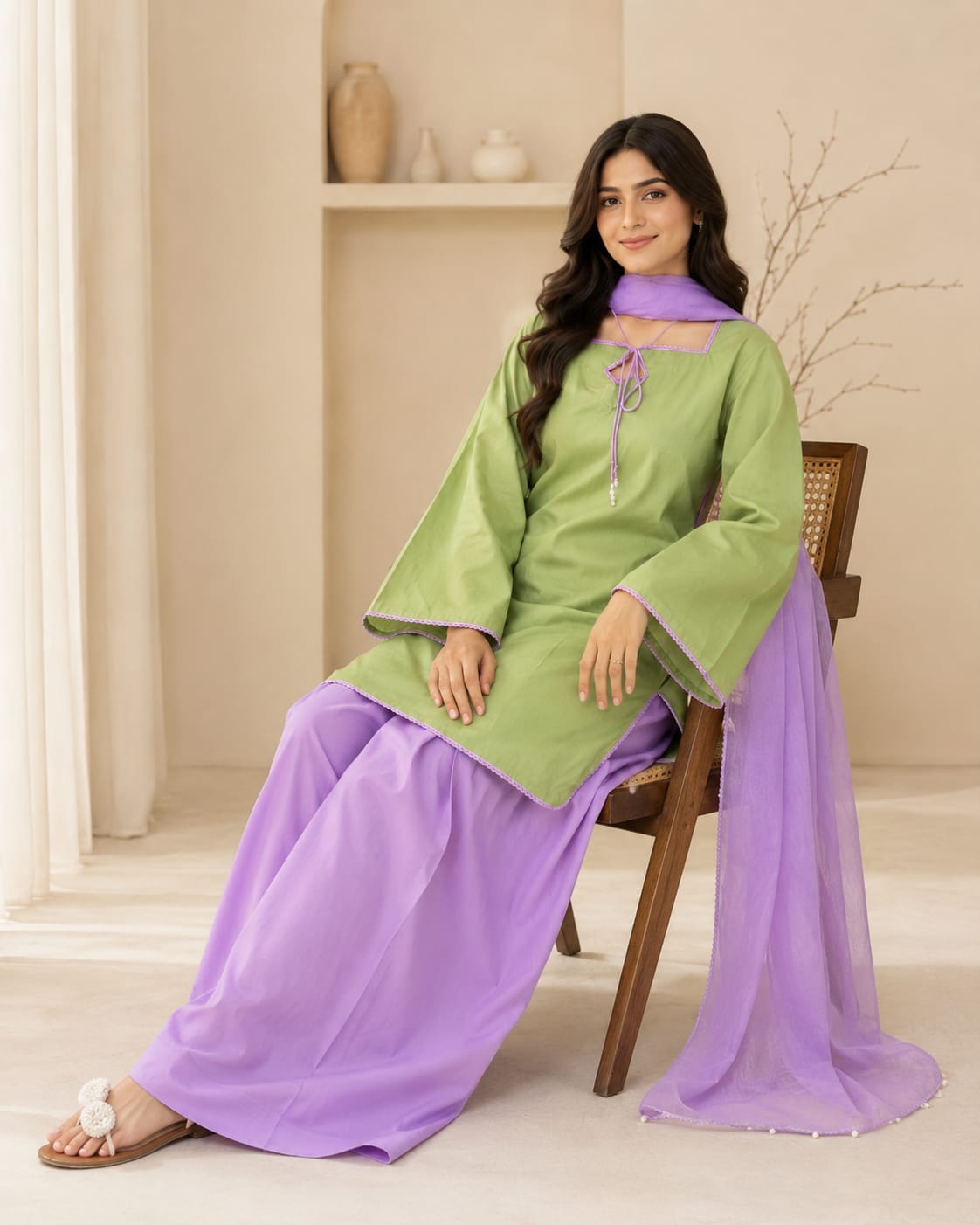 Sage Green & Lavender 3-Piece Cotton Shalwar Kameez Set