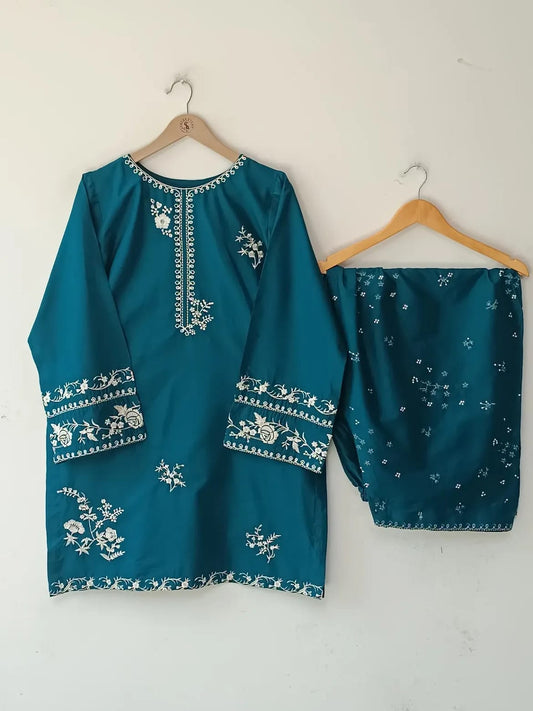 Stun in Teal: Elegant Embroidered 2-Piece Set - Farshi Shalwar