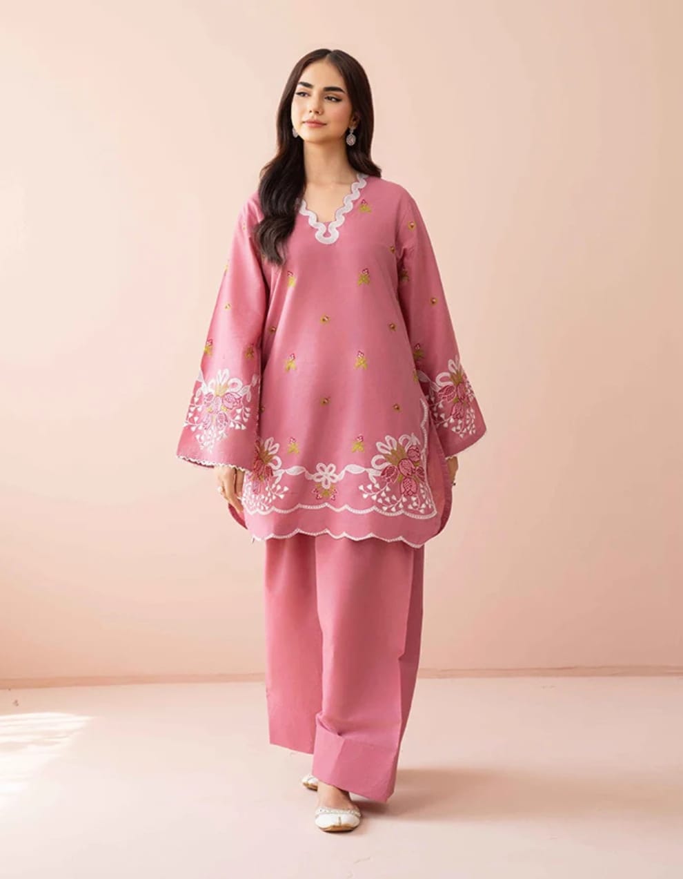 Blush Bloom – Two-Piece Embroidered Soft Cotton Suit Farshi Shalwar