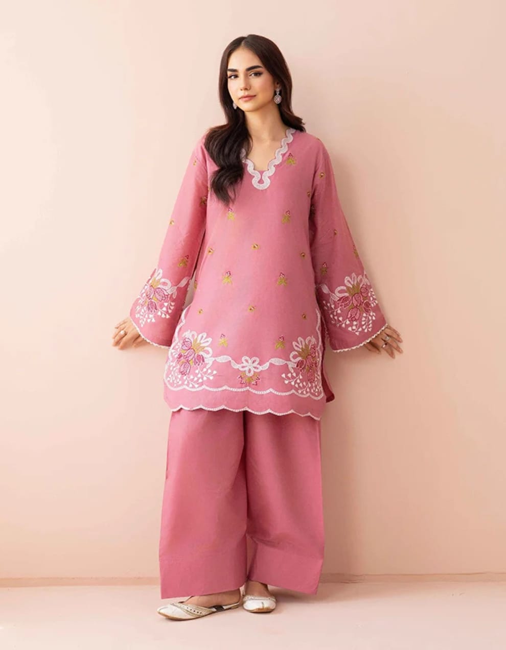 Blush Bloom – Two-Piece Embroidered Soft Cotton Suit Farshi Shalwar