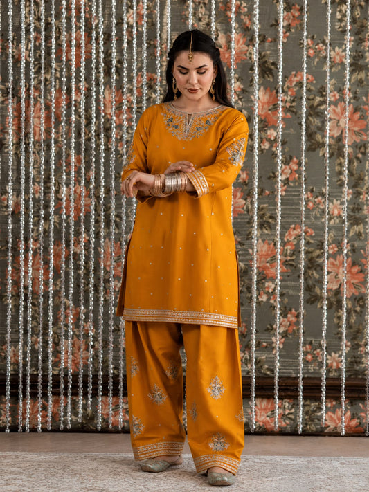 Golden Zest – 2-Piece Detailed Soft Cotton Pret Suit Farshi Shalwar