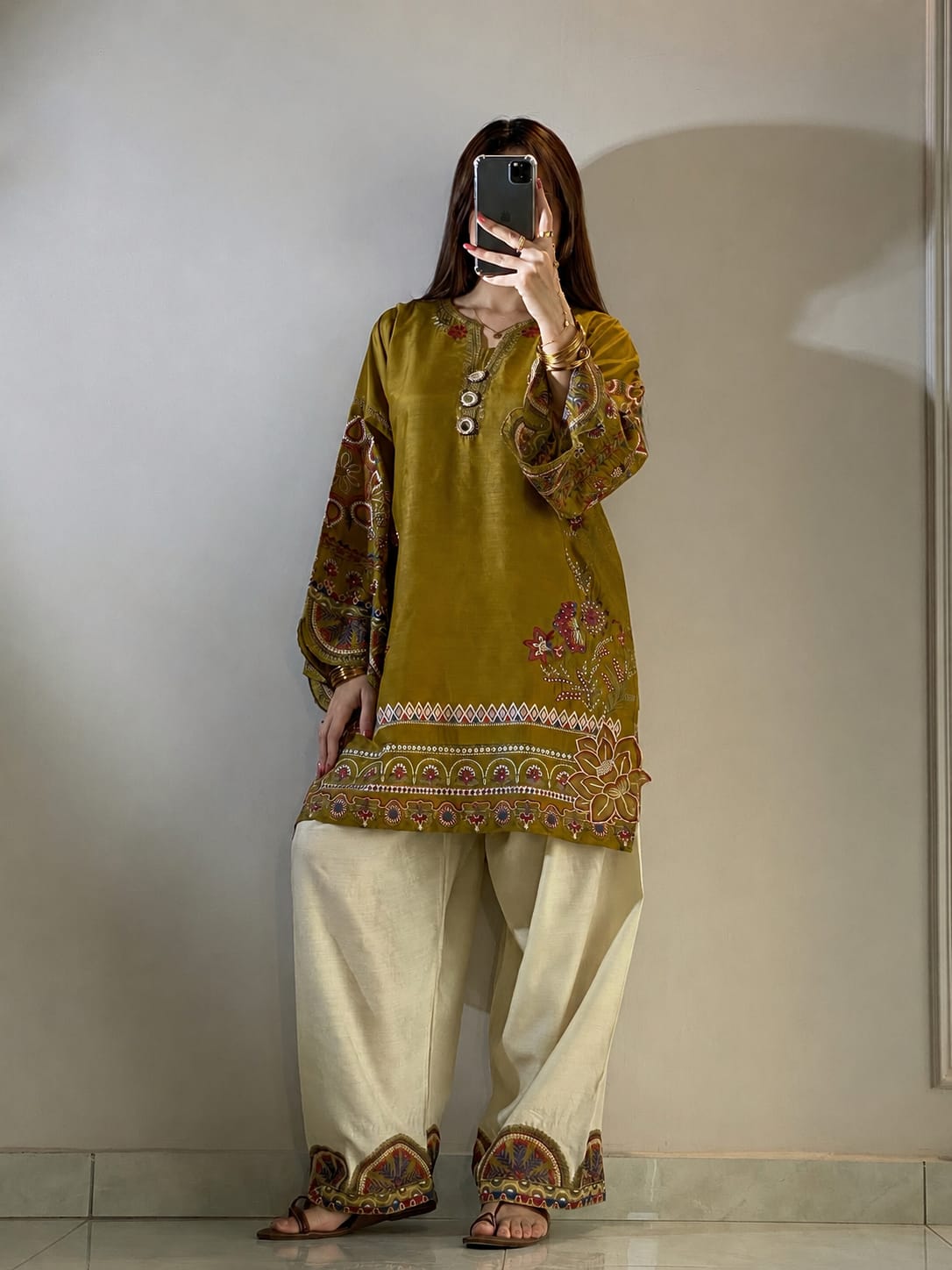 Olive Elegance Embroidered Tunic & Flared Bottom Ensemble