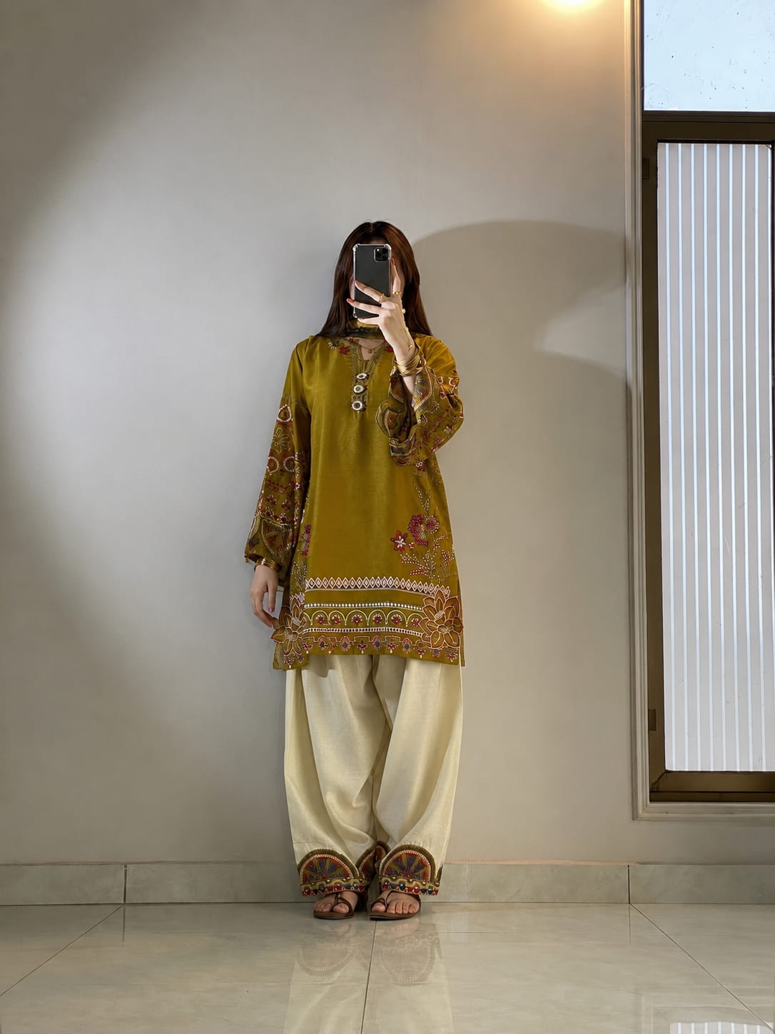 Olive Elegance Embroidered Tunic & Flared Bottom Ensemble