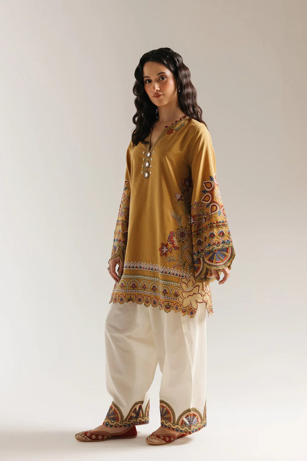 Olive Elegance Embroidered Tunic & Flared Bottom Ensemble