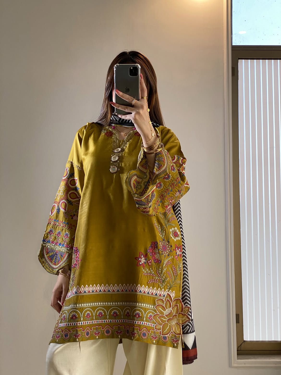 Olive Elegance Embroidered Tunic & Flared Bottom Ensemble
