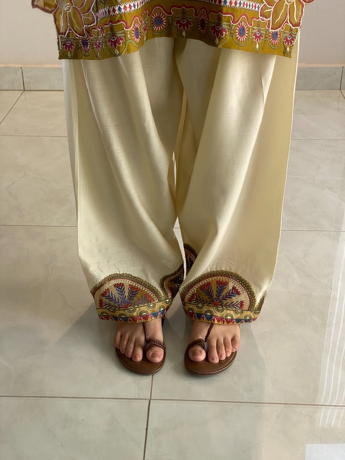 Olive Elegance Embroidered Tunic & Flared Bottom Ensemble
