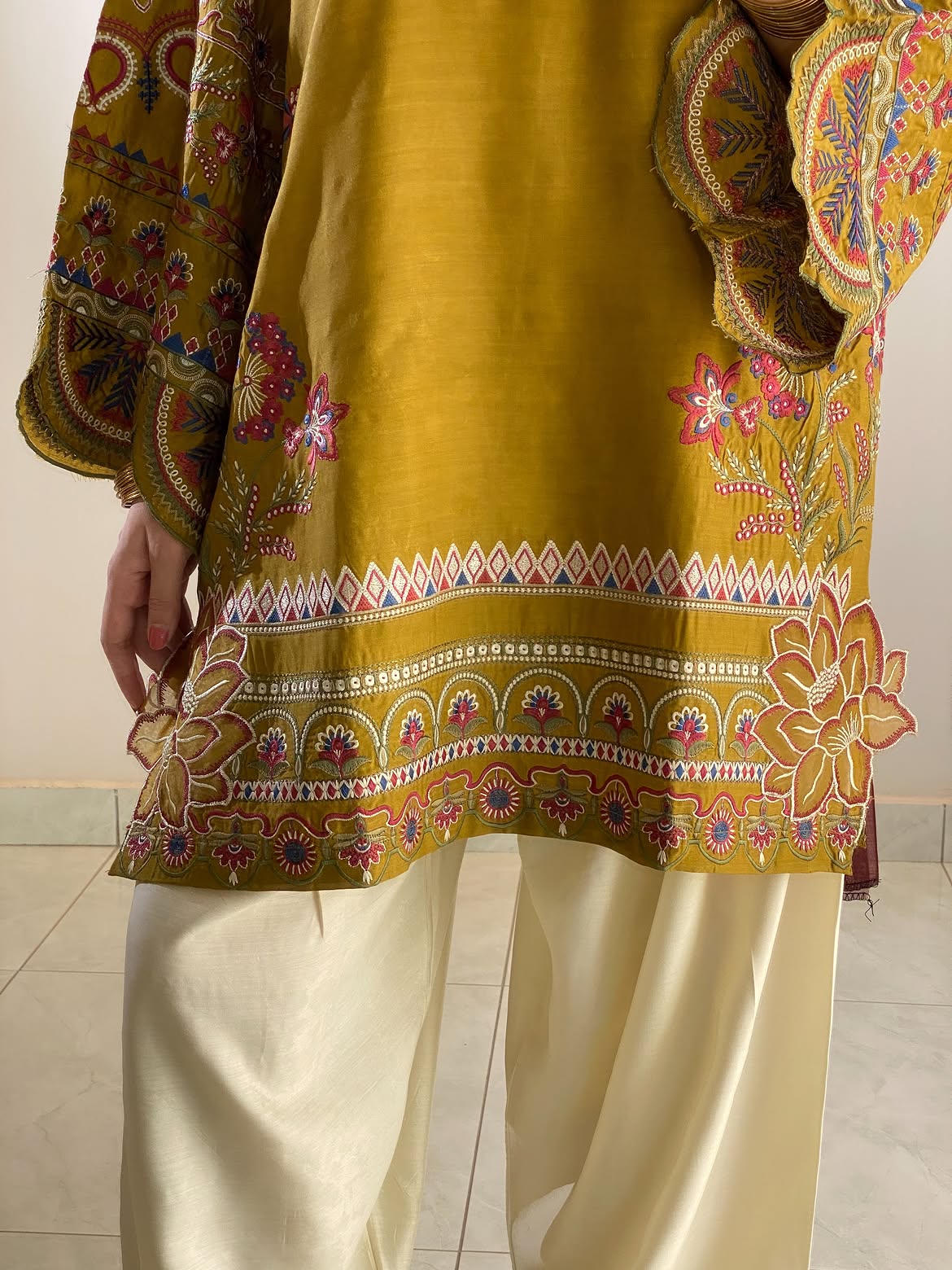 Olive Elegance Embroidered Tunic & Flared Bottom Ensemble