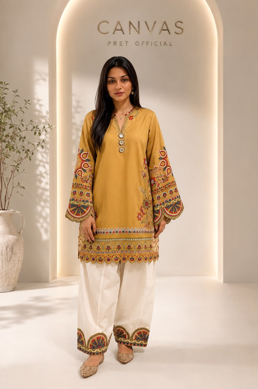 Olive Elegance Embroidered Tunic & Flared Bottom Ensemble