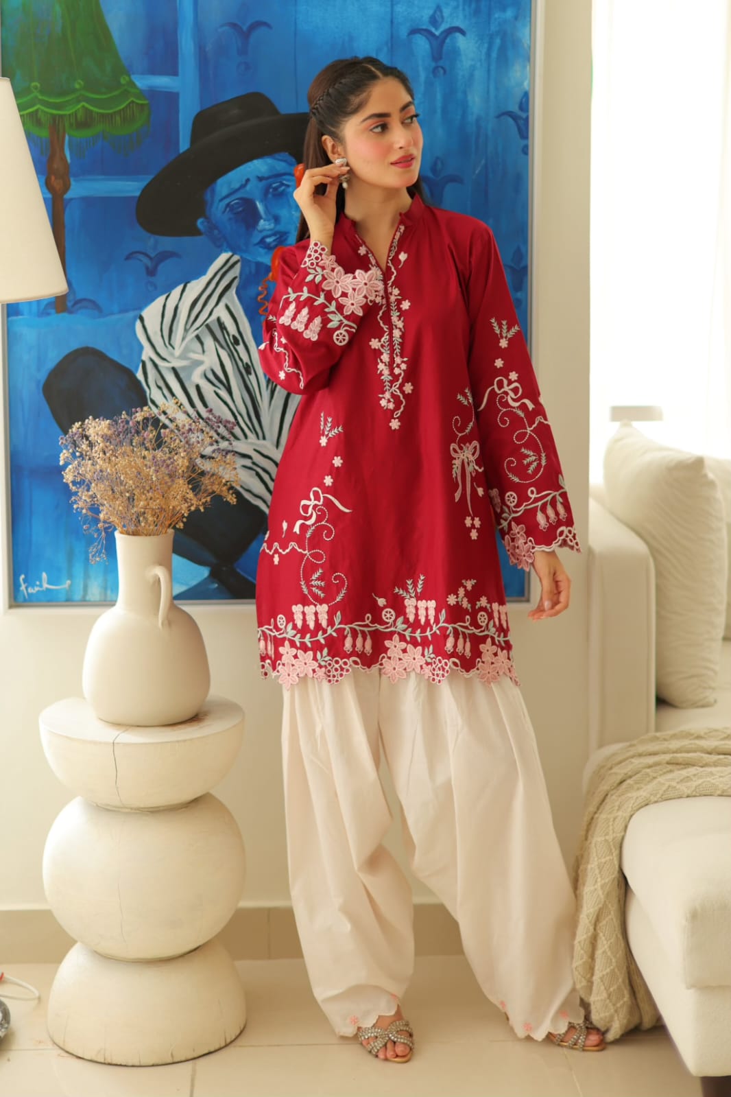 Scarlet Serenity | Premium Embroidered Farshi Shalwar Set