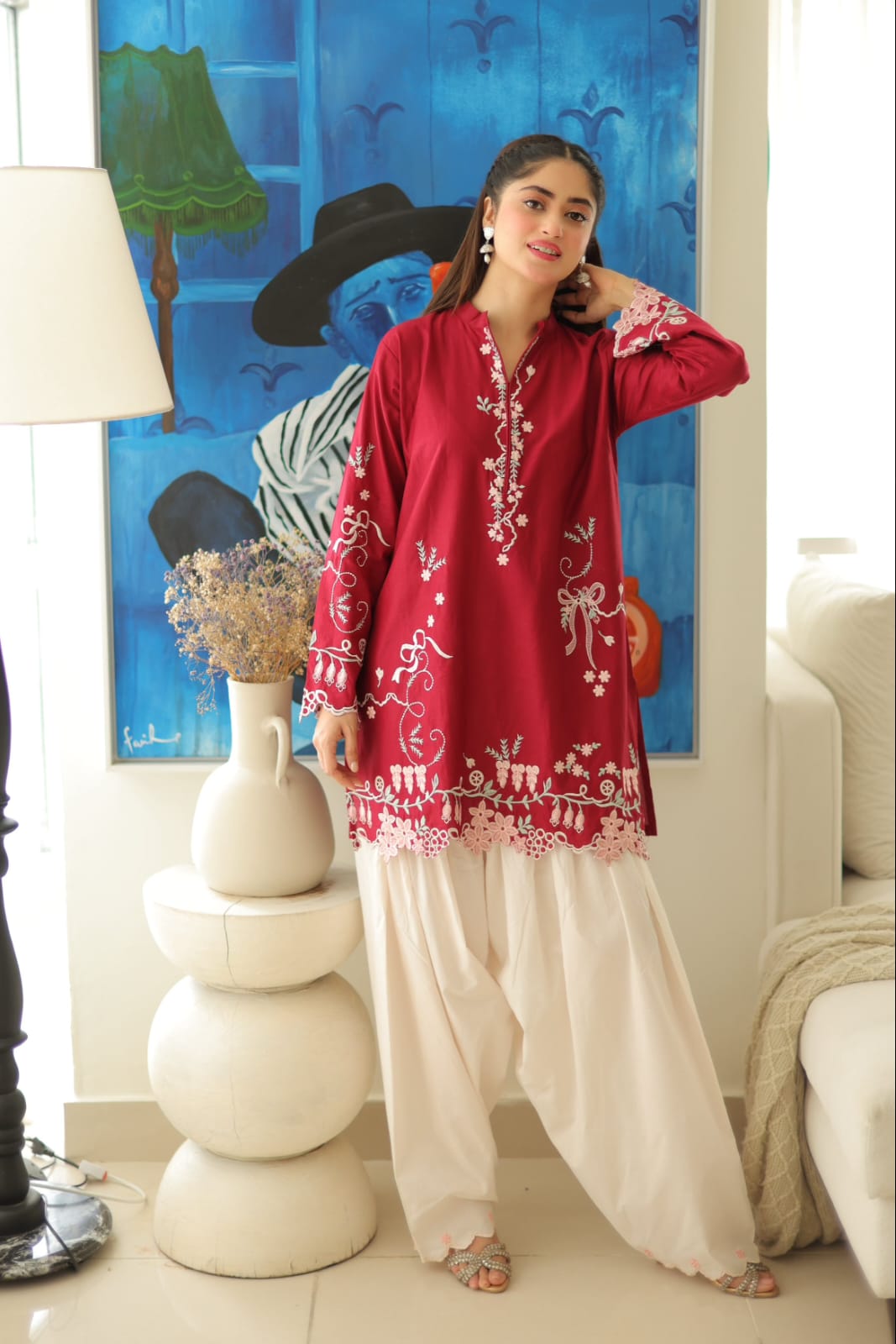 Scarlet Serenity | Premium Embroidered Farshi Shalwar Set