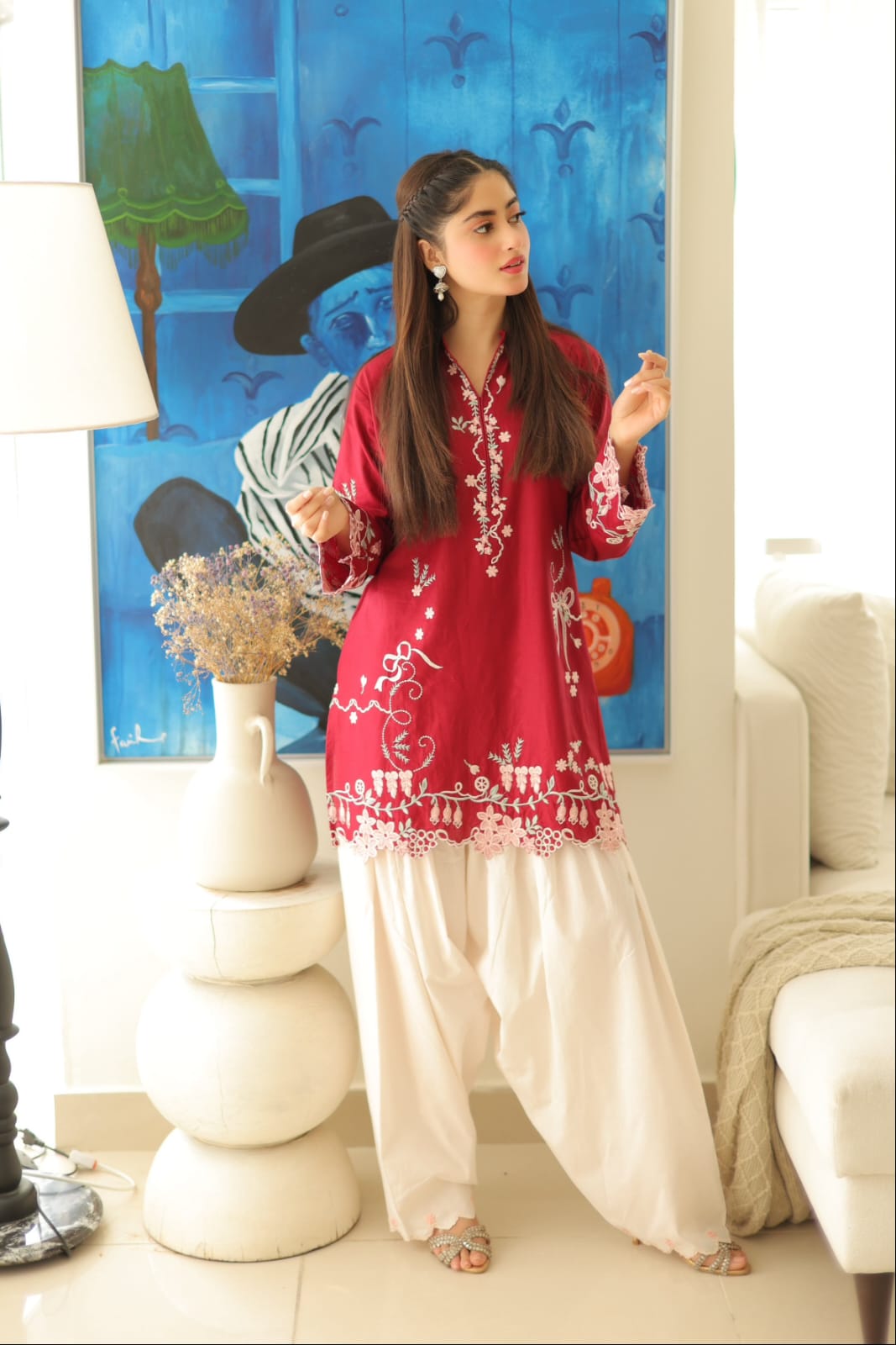 Scarlet Serenity | Premium Embroidered Farshi Shalwar Set