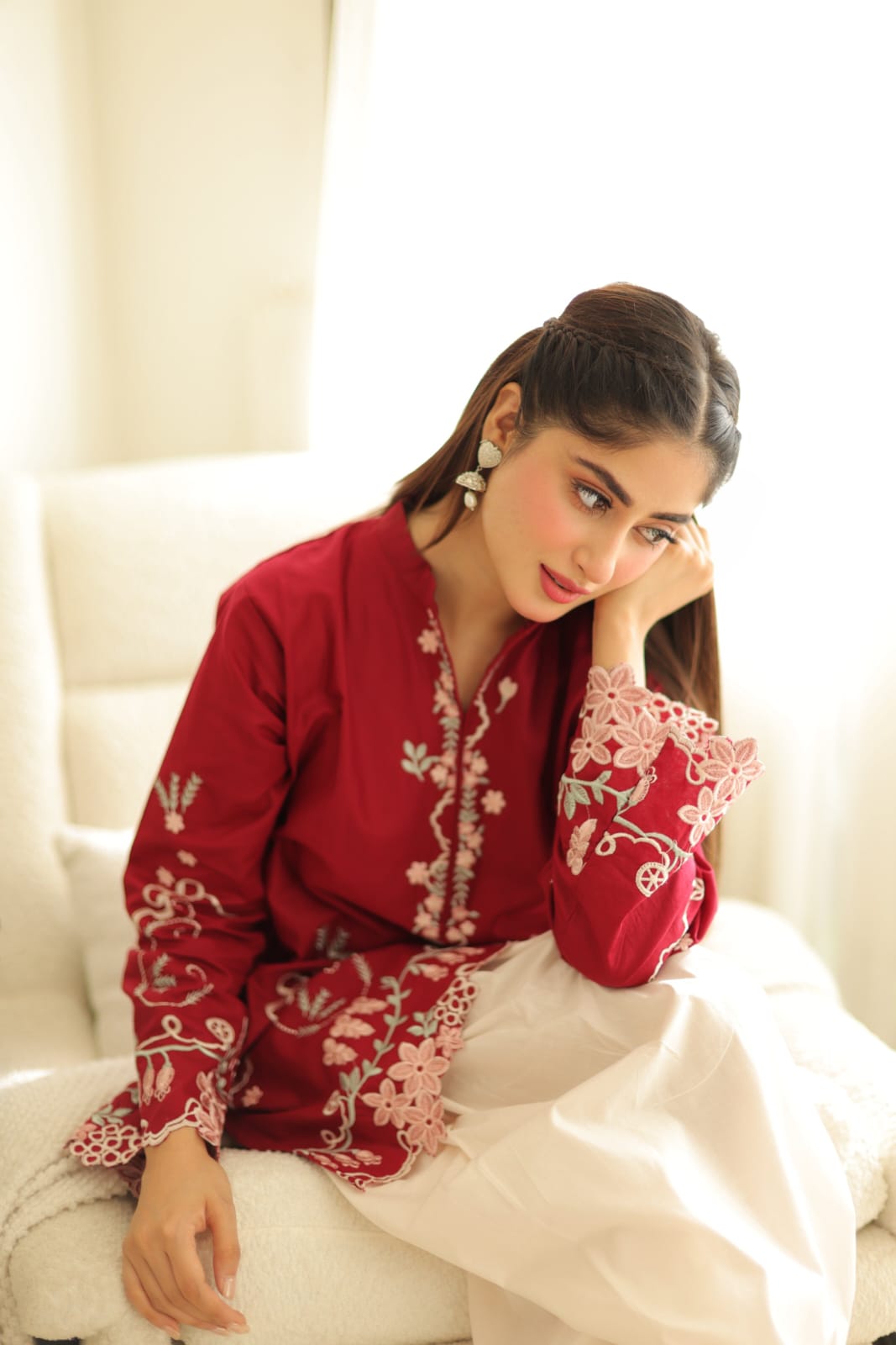 Scarlet Serenity | Premium Embroidered Farshi Shalwar Set