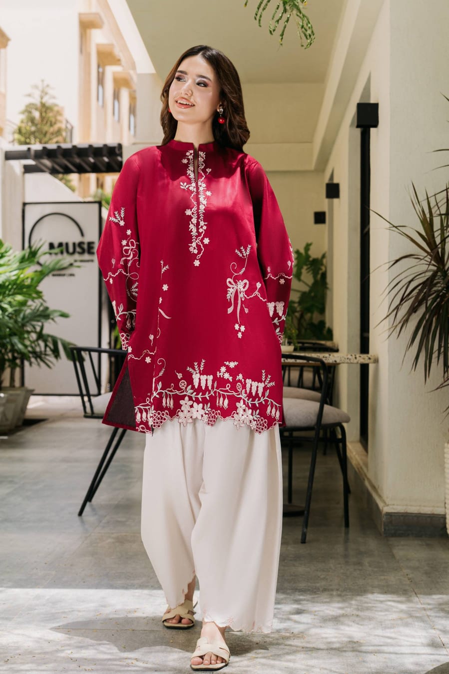 Scarlet Serenity | Premium Embroidered Farshi Shalwar Set