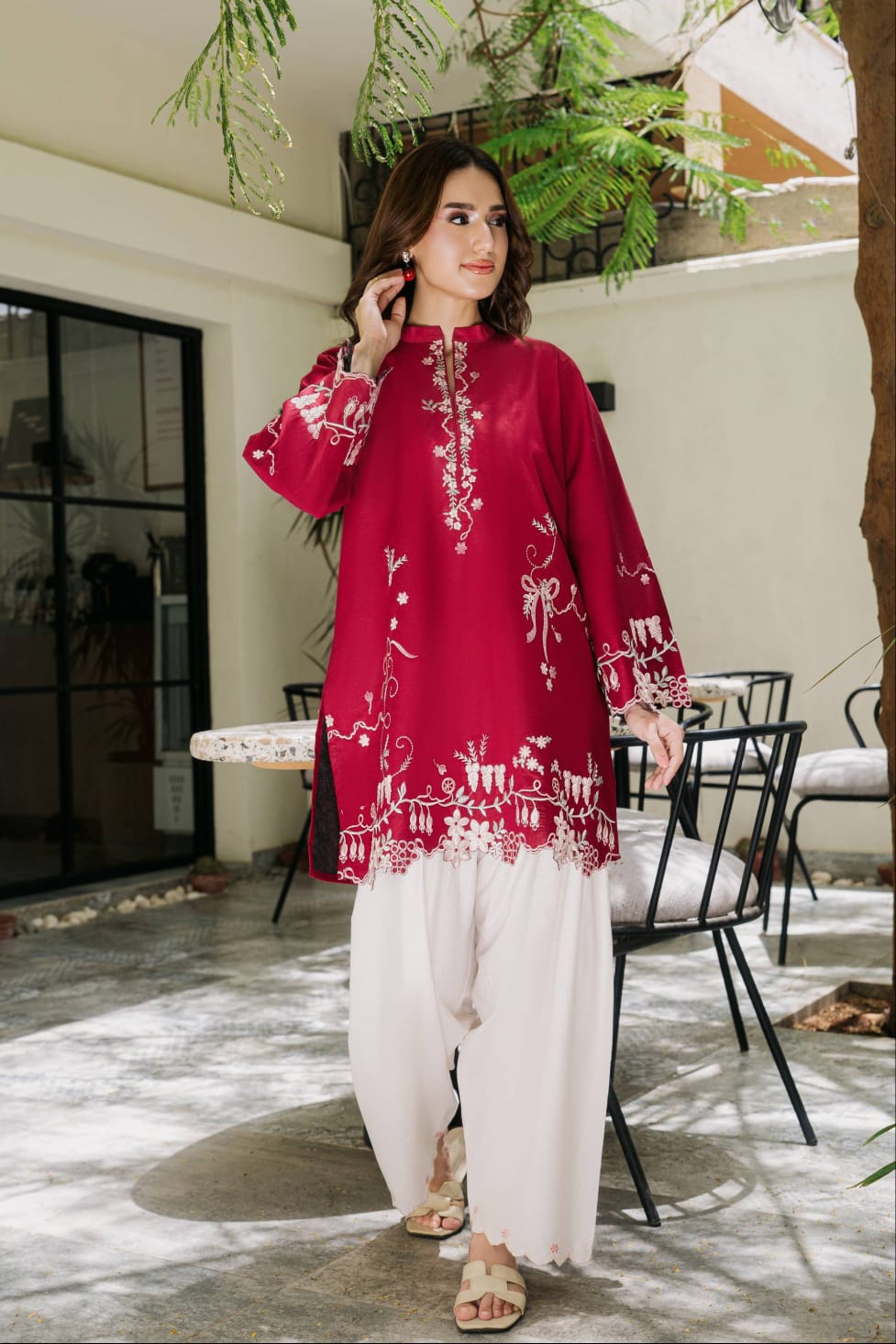 Scarlet Serenity | Premium Embroidered Farshi Shalwar Set